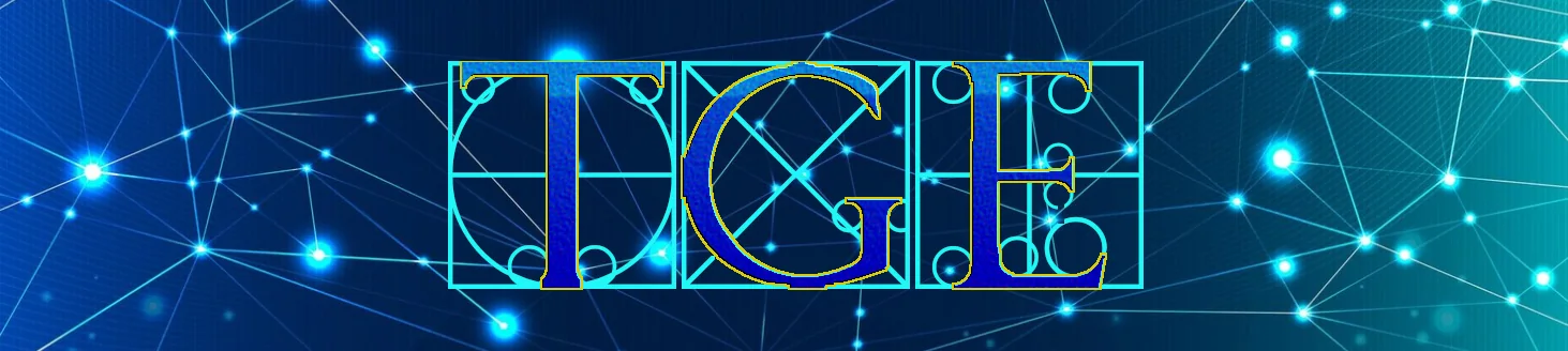 The TGE mark drawn as three constructed Roman capitals, over a field of connected nodes
